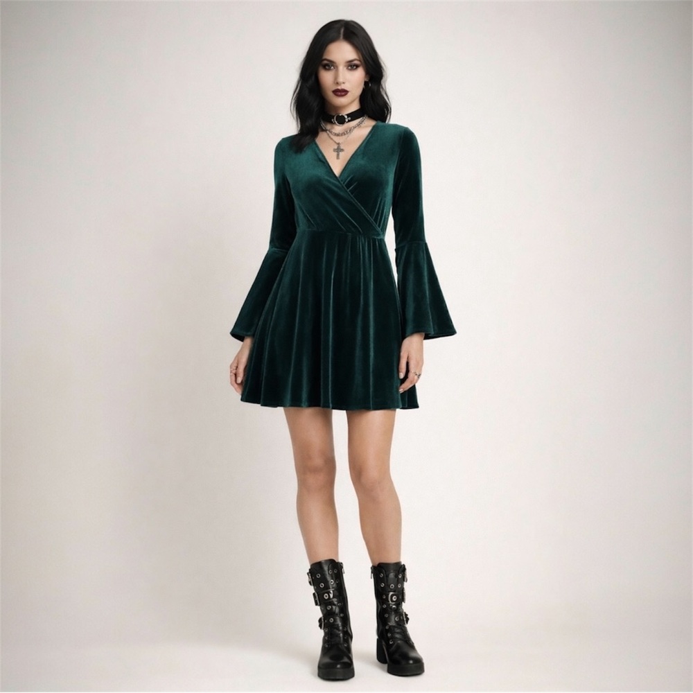Club London Velvet Mini Dress 8 Long Bell Sleeve Wrap Emerald Green Whimsigoth